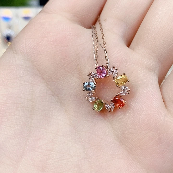 彩色蓝宝石吊坠(赠链)银S925镶嵌