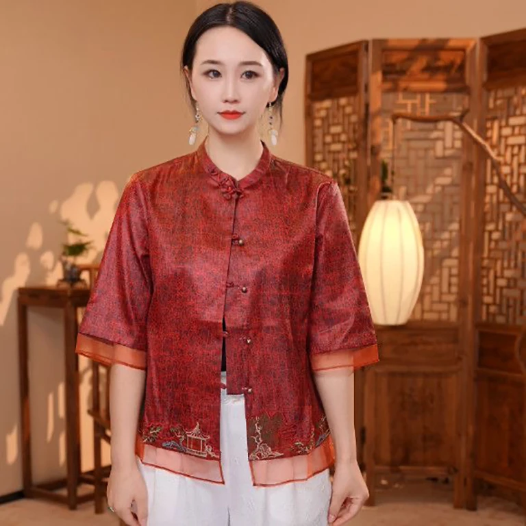 【云裳】气质国风印花宽松版洋气中袖薄款短款夏季上衣8829时尚