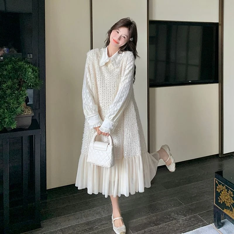 白色冬日千金套装女2025新款小香风亮片背心裙法式蕾丝上衣两件套