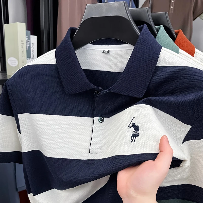 【高弹棉】修身潮流夏季男士翻领条纹宽松半袖时尚大码休闲短袖