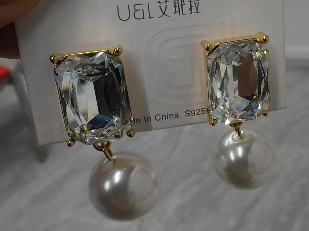 合金锆石耳饰 方形水晶大珍珠欧美夸张耳饰