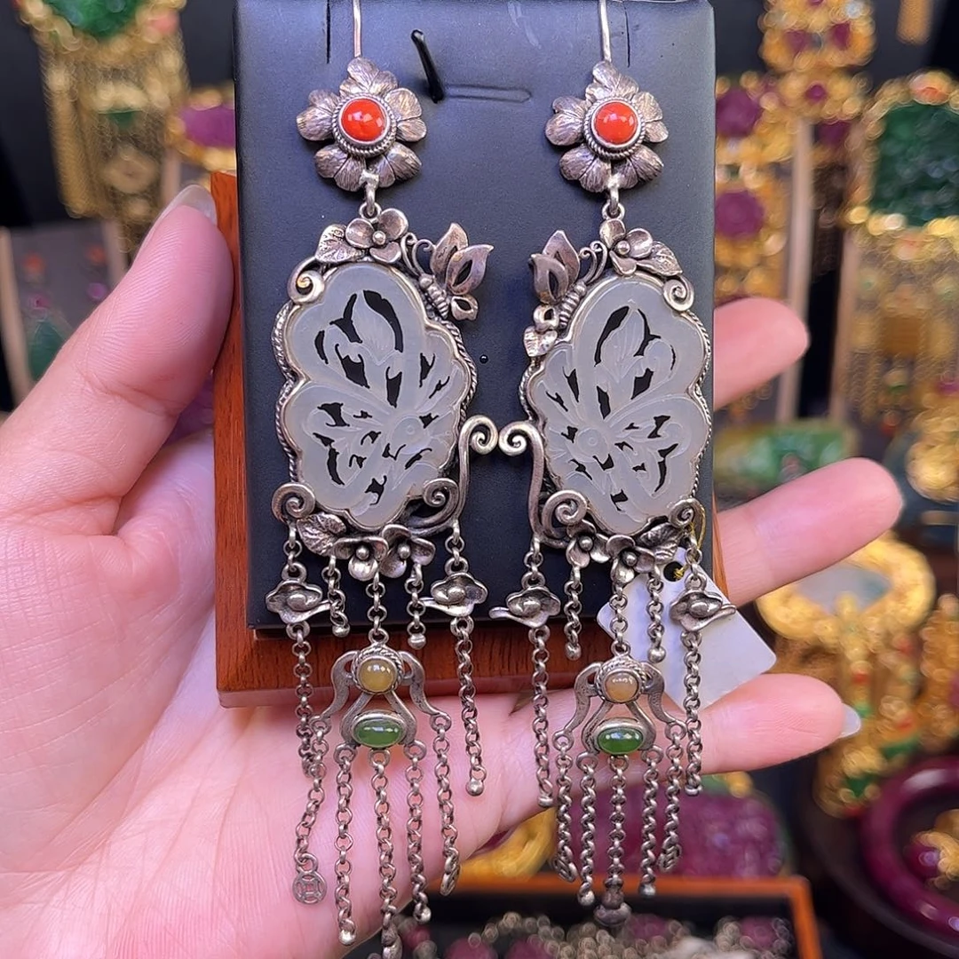 和田玉银S925镶嵌耳饰台湾工和田玉多宝耳坠