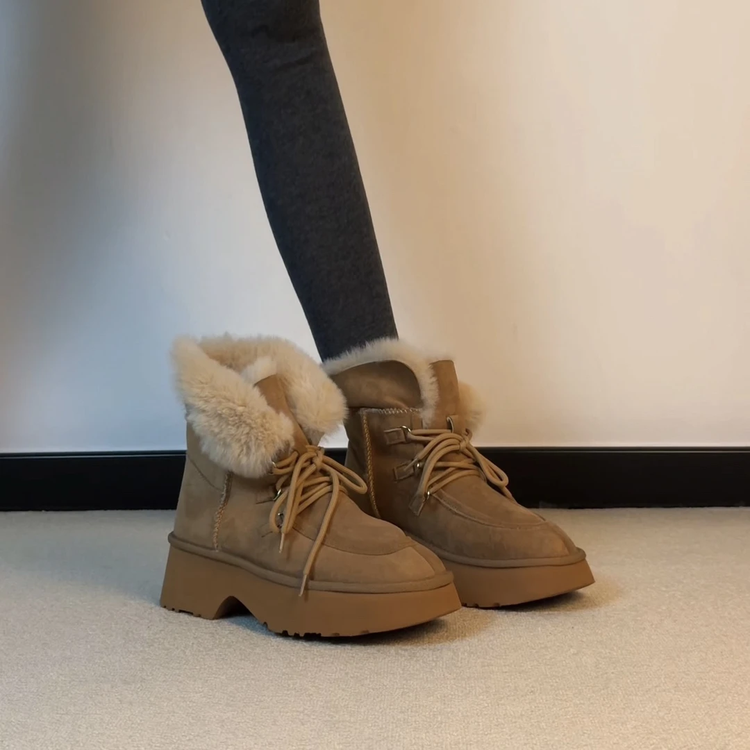 六也「休闲系带」雪地靴6cm小个子厚底混纺羊皮加绒短筒增高L1184