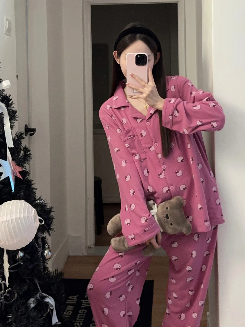 韩系卡通可爱睡衣女款秋冬季德绒保暖可爱少女长袖长裤家居服外穿