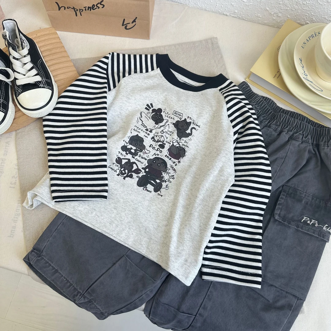 【温变T恤】PAPO25C8055男小童25春T恤衫条纹插肩袖温感变色印花长T