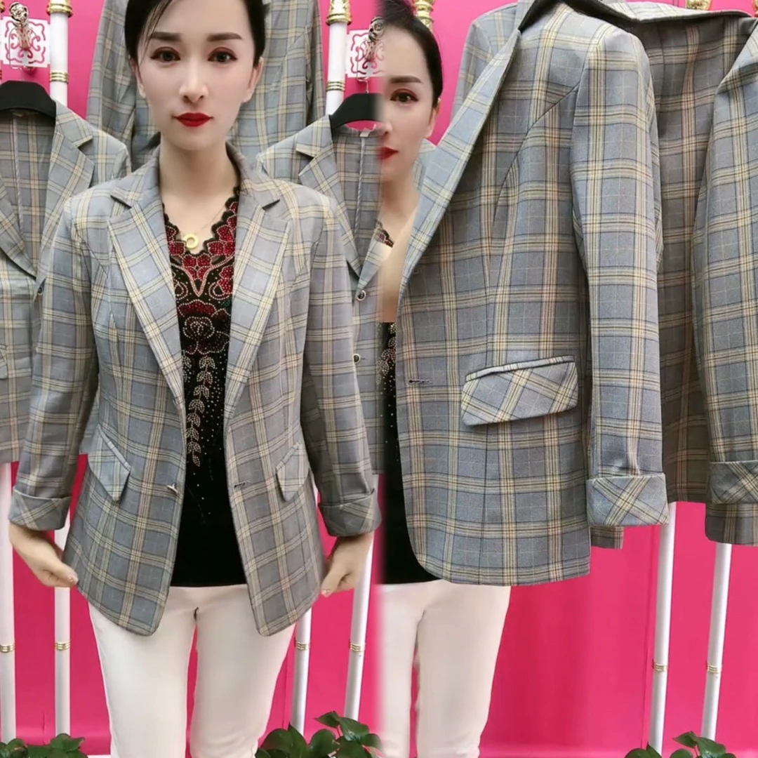 2025新款格子大码西服休闲显瘦遮肉百搭西装中老年妈妈气质小西装