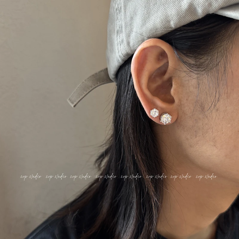 925银耳饰 原创纯银锆石耳钉男欧美嘻哈美式超闪防过敏小钻小众