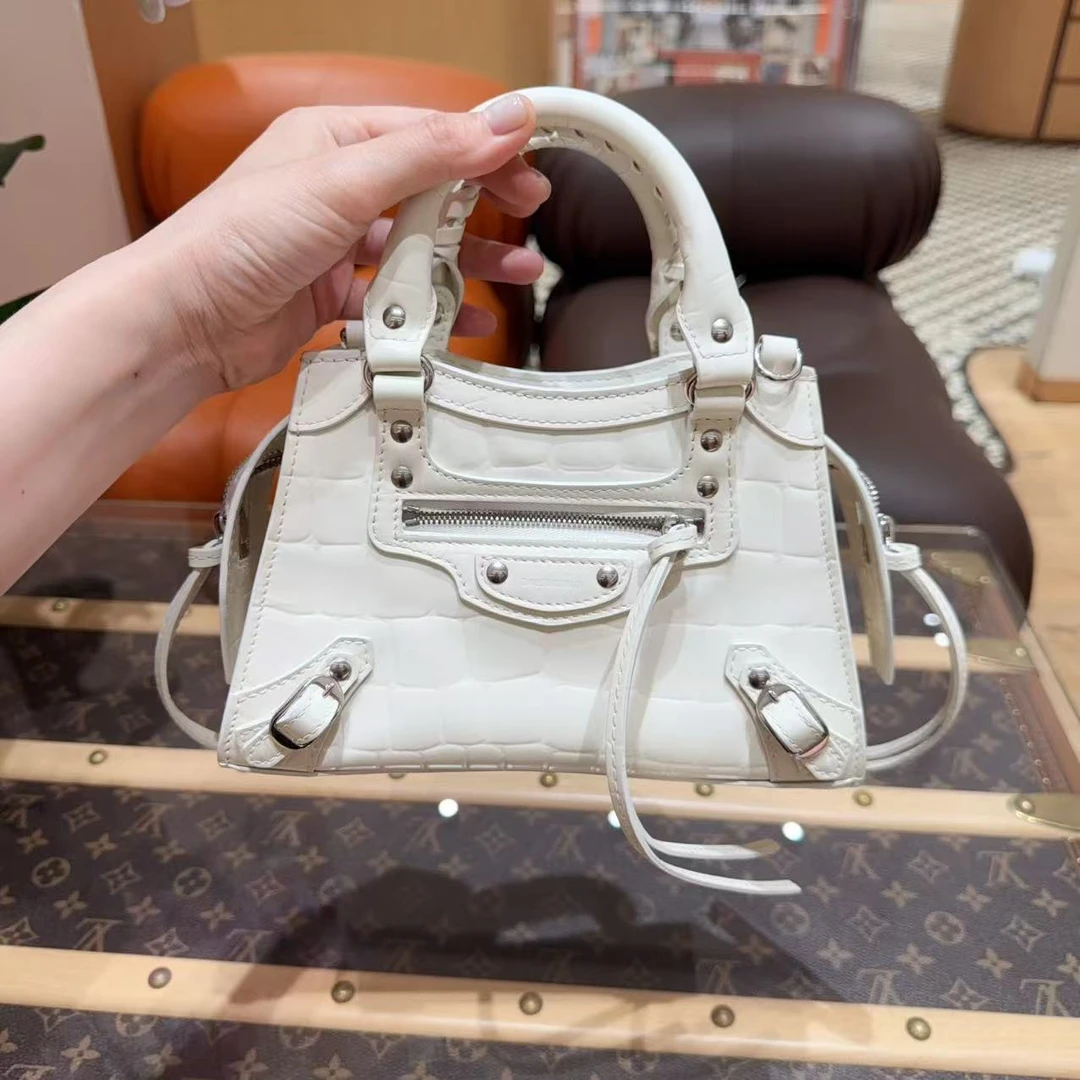 99新 Balenciaga/巴黎世家 白色牛皮鳄鱼压纹 迷你手提单肩斜挎包