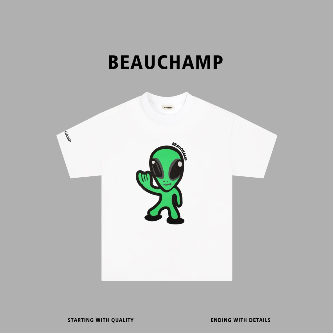 Beau champ巴家同款 外星人笑脸印花宽松休闲圆领短袖T恤 6377#