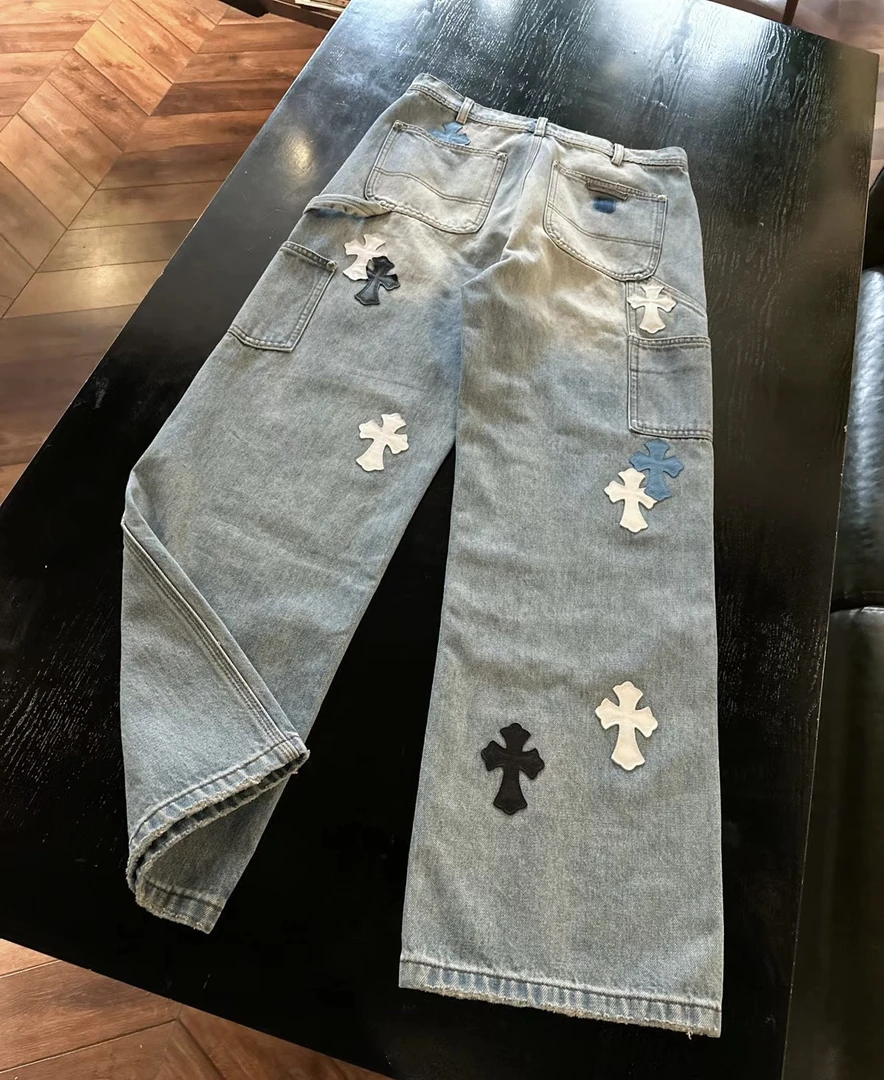 十字架贴皮工装伐木裤牛仔裤