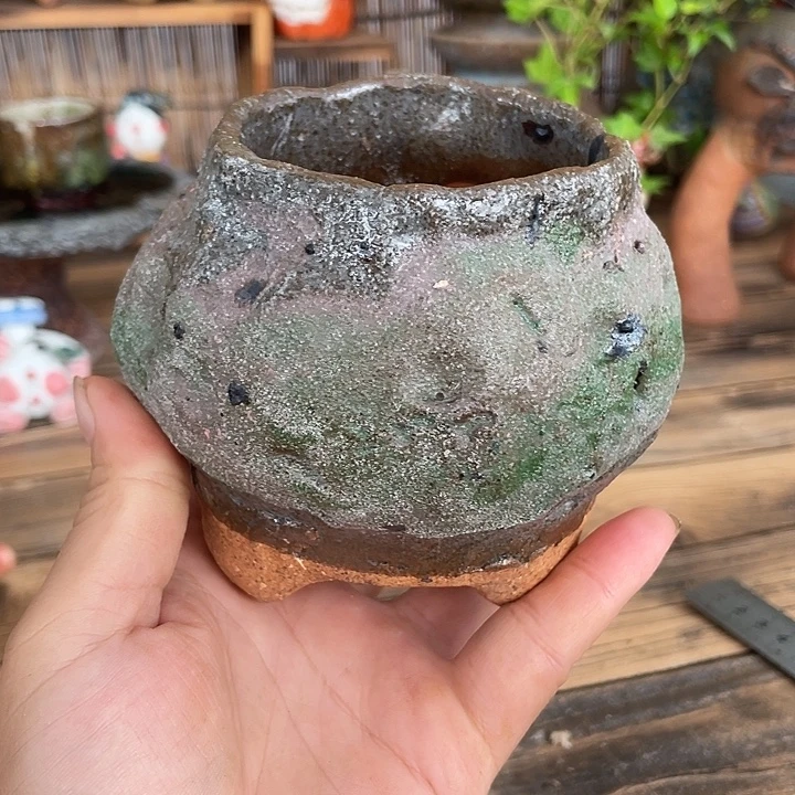 手工粗陶高温釉下彩花盆