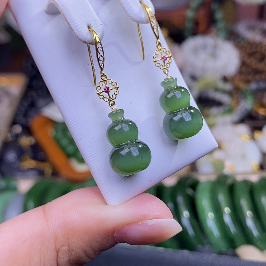 和田玉未镶嵌颈饰碧玉猫眼老矿料金镶葫芦耳坠