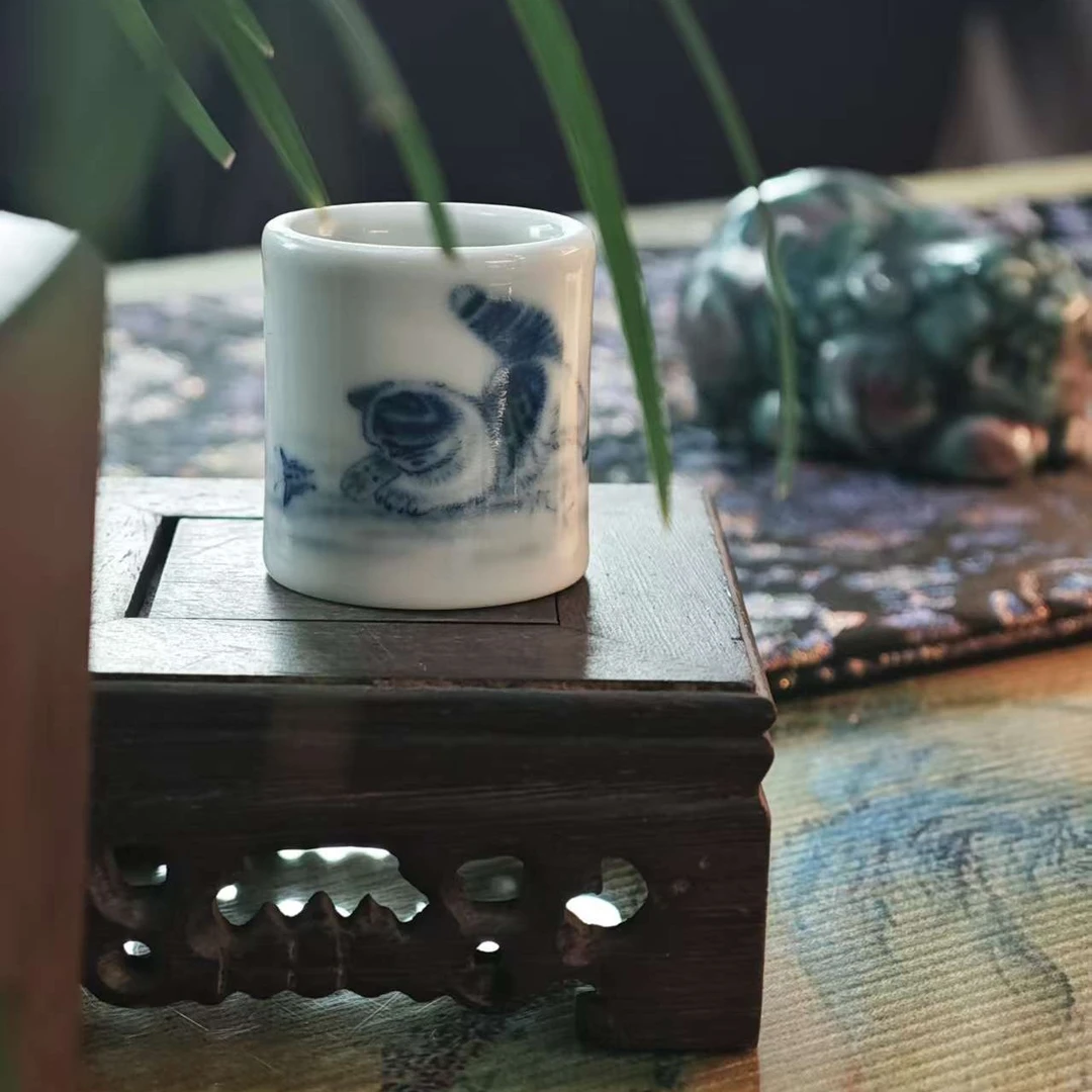 （柴窑作品）扳指盖置 盖托家用 手绘 釉下青花瓷动物丝毛