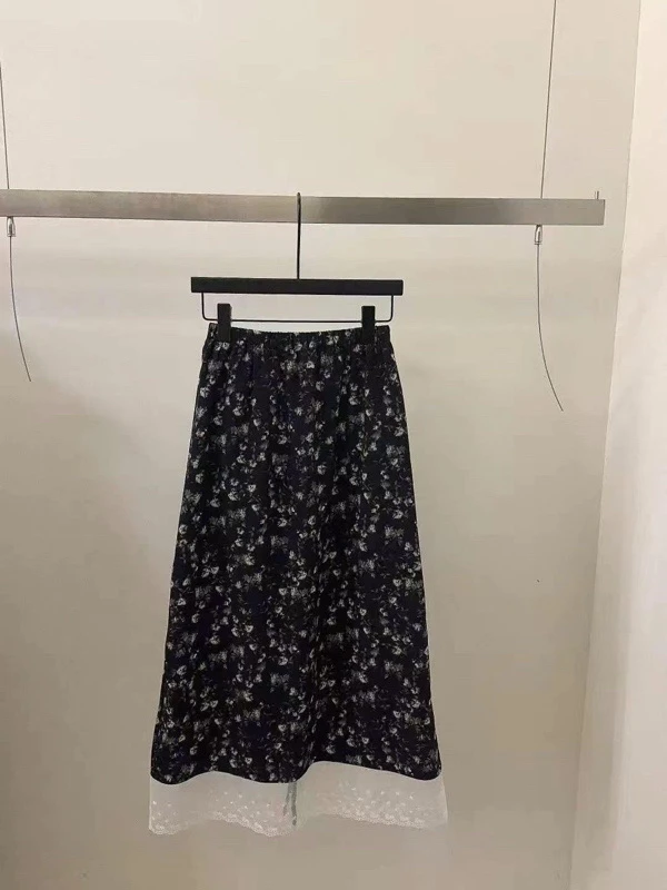 【夏季新款】MT'碎花拼接白边松紧半身裙' 设计感直筒裙蕾丝拼接裙