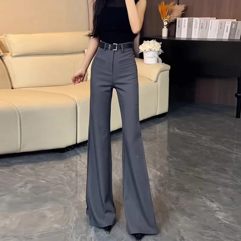 灰色气质高腰微喇西装裤女2025夏季新款感弹力显瘦垂感马蹄裤