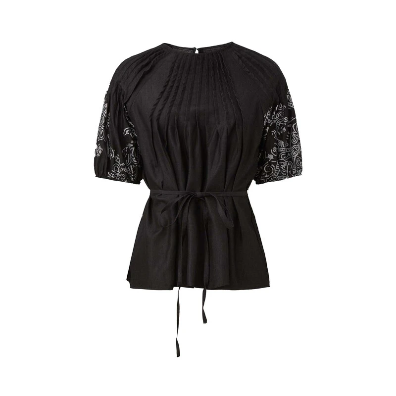 sdeer圣迪奥女装田园风圆领压褶收腰印花衬衫S24280412