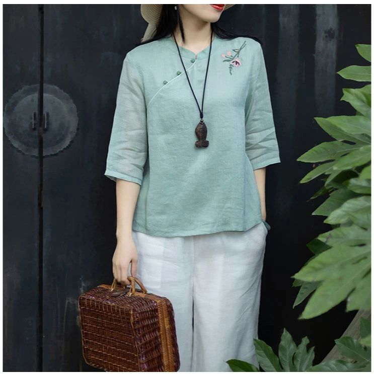 7350#文艺新中式衬衫女国风重工刺绣立领斜襟小衫上衣