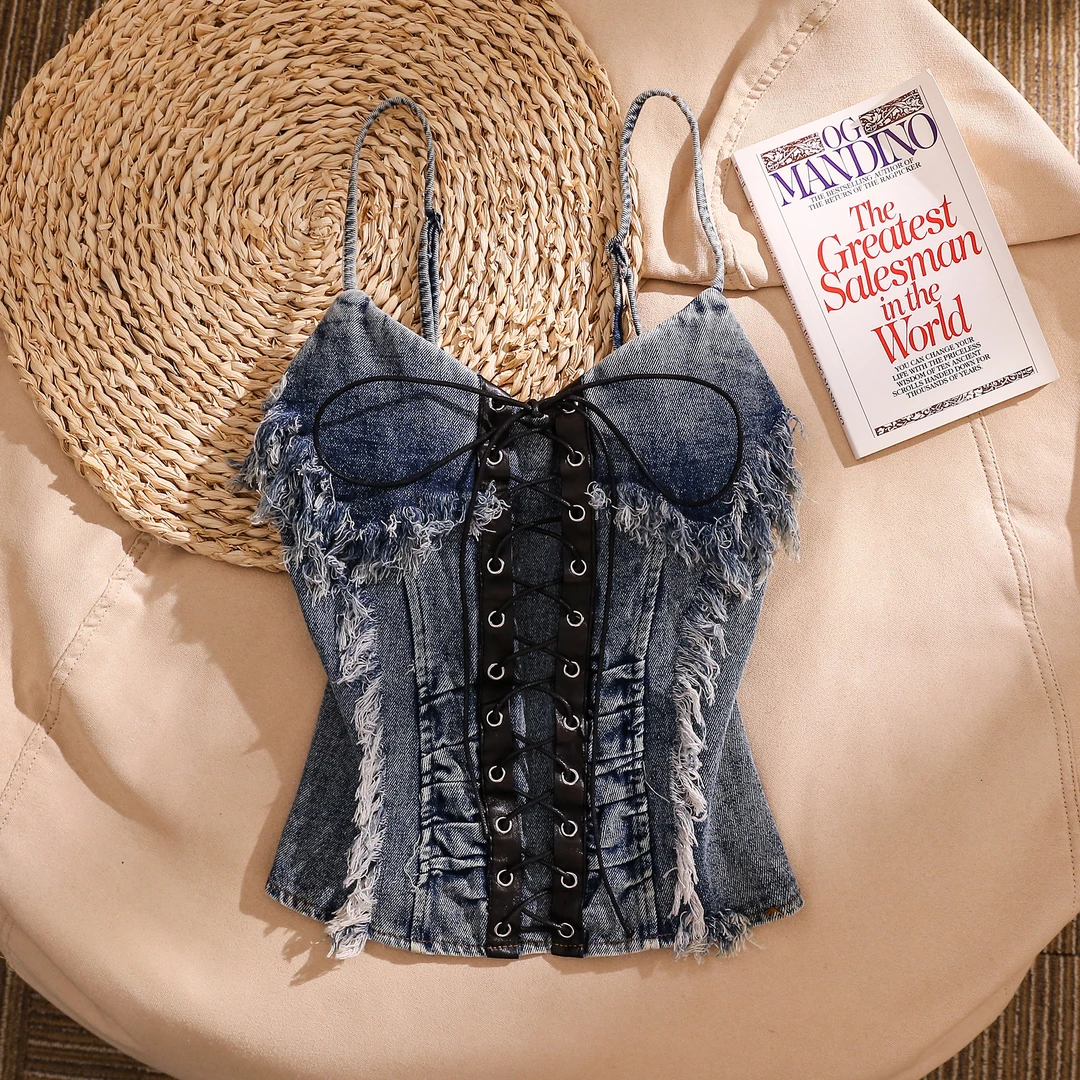 美式复古毛边牛仔绑带吊带背心女新款内搭修身显瘦束腰美背小上衣