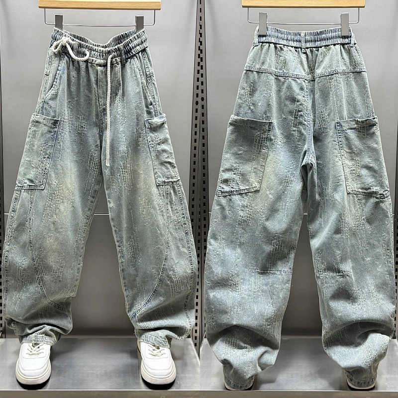 春季2025新款潮牌高街提花牛仔裤男士时尚复古阔腿弯刀裤休闲长裤