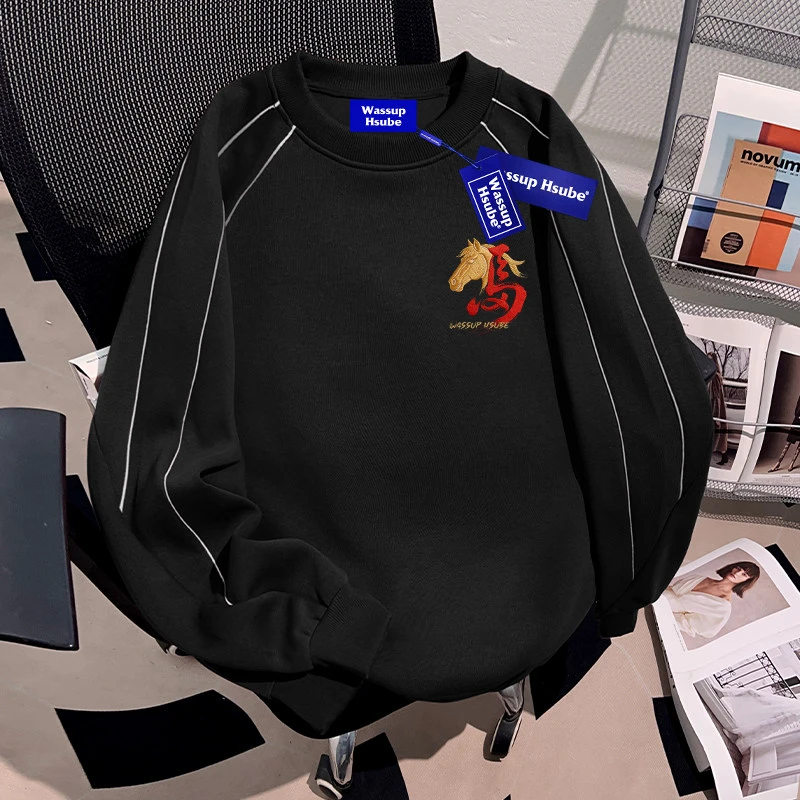 WASSUP HSUBE重磅美式国潮牌圆领卫衣男士潮酷高街青少年痞帅上衣