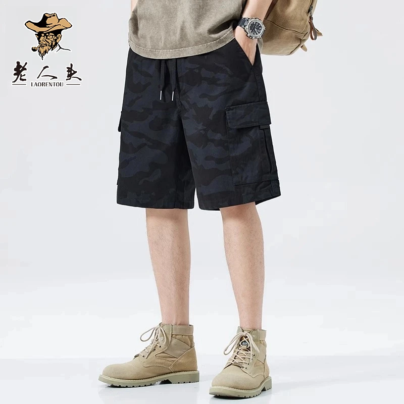 老人头夏季男士迷彩工装休闲短裤男生运动宽松速干冰丝潮牌五分裤
