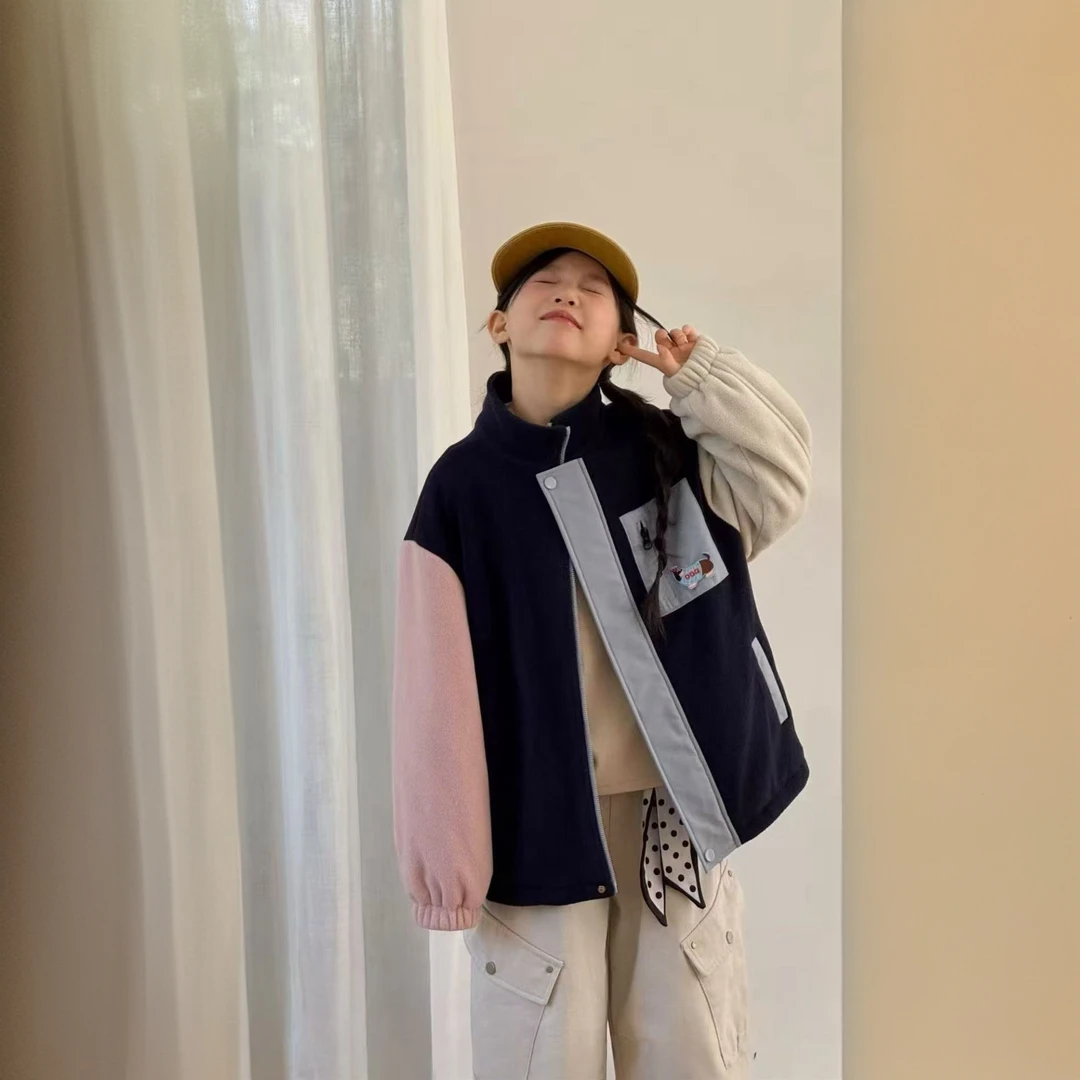 女童2025秋冬中大童韩版休闲摇粒绒撞色冲峰衣夹棉外套253221