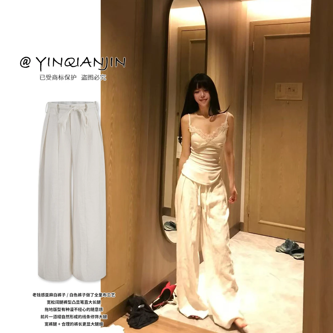 尹千金【自由慵懒度QP】老钱风自带松弛感亚麻阔腿拖地裤K255256