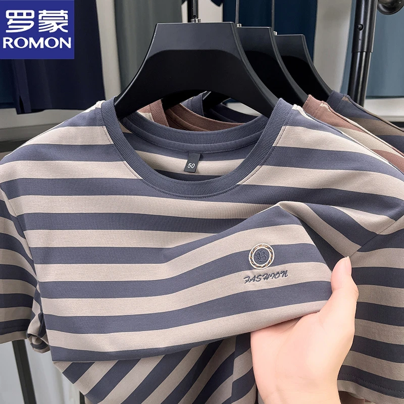 罗蒙夏季含桑蚕丝短袖T恤休闲百搭圆领条纹半袖柔软亲肤体恤衫男