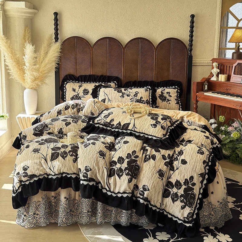 【牛奶绒】冬季加绒加厚保暖双面毛绒被套夹棉花边床罩床裙款四件套