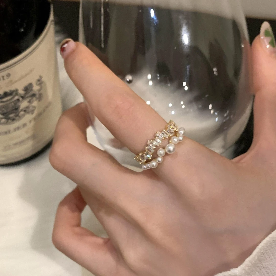铜合金戒指 锆石珍珠双层金属开口戒指轻奢精致女生小众设计292
