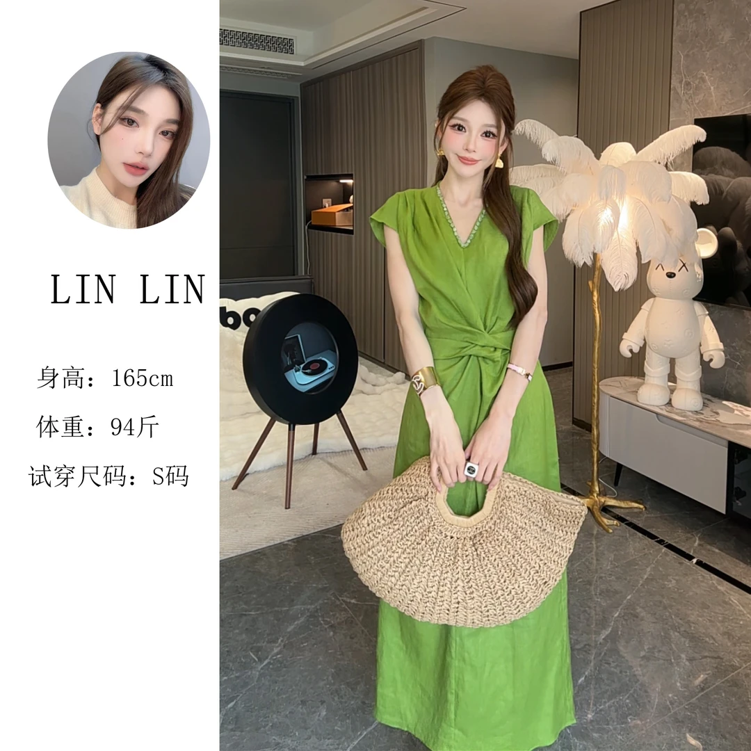 【琳琳】2025夏季新款无袖新中式亚麻简单大方的连衣裙长裙女2823