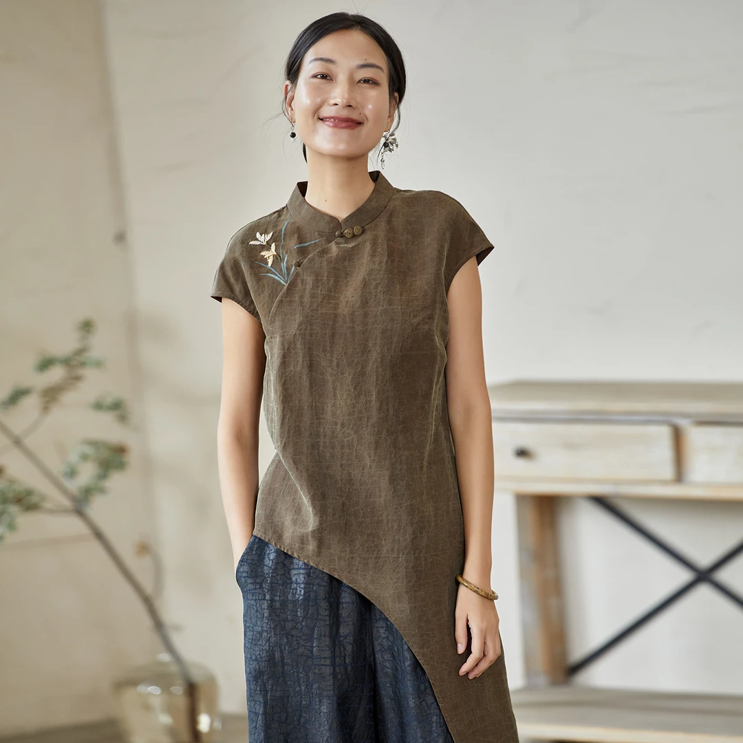 布小匠原创非遗龟纹香云纱桑蚕丝手绘绣花上衣不规则下摆国风衬衫