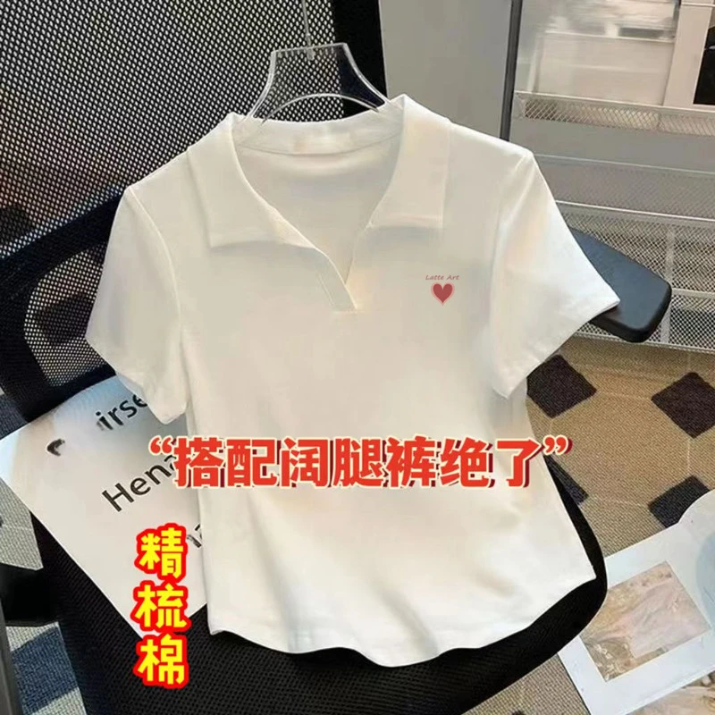 欧版翻领短袖纯棉t恤女下摆弧形设计感大码宽松印花上衣打底衫ins