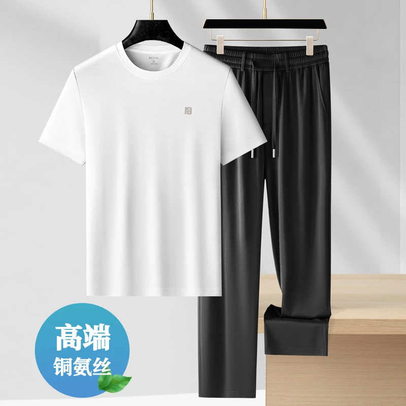 高端铜氨丝 夏季薄款套装男运动休闲男士短袖t恤中年爸爸两件套