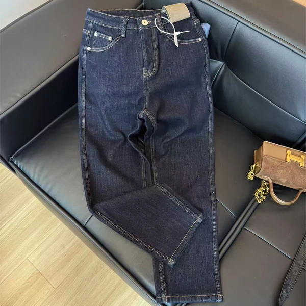 普洗蓝直筒牛仔裤女九分裤秋冬新款加绒简约复古显瘦高腰烟管裤潮