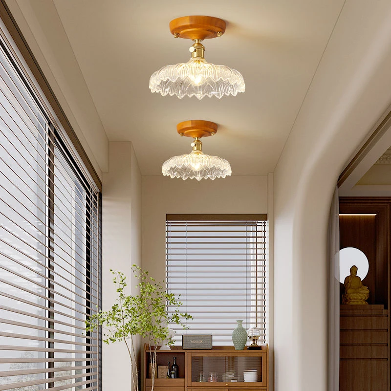 玻璃实木复古纯铜入户玄关走廊过道灯阳台灯中古民宿法式小吸顶灯