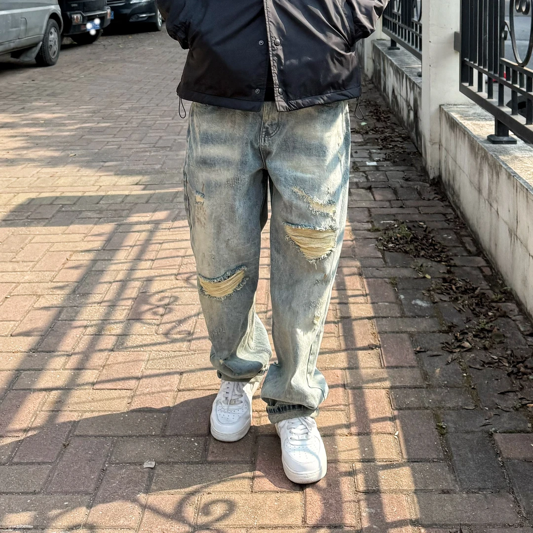 Buter 原创日系复古水洗做旧破坏休闲锥形重磅潮牌百搭牛仔裤男
