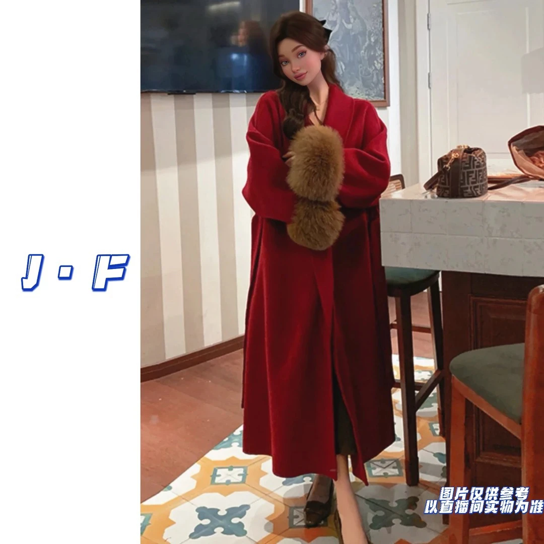 定制大码66137法式慵懒高级气质宽松中长款加棉呢外套