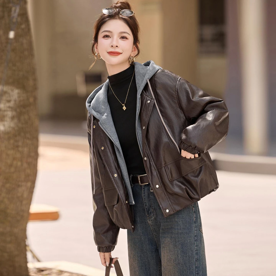 加绒加厚皮衣外套女短款2025新款冬季假两件连帽休闲PU皮棉服夹克