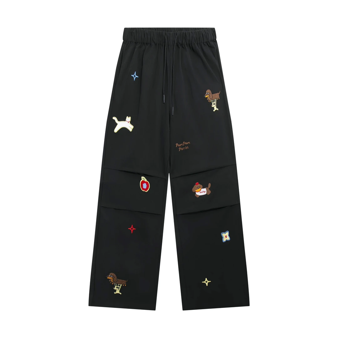 原创美式趣味小狗刺绣休闲裤情侣可爱夏季宽松阔腿长裤女潮国潮