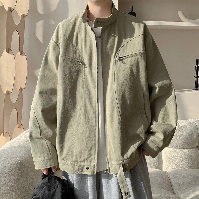 拼接春季潮流男士立领短款纯色高街简约宽松日常百搭休闲夹克外套