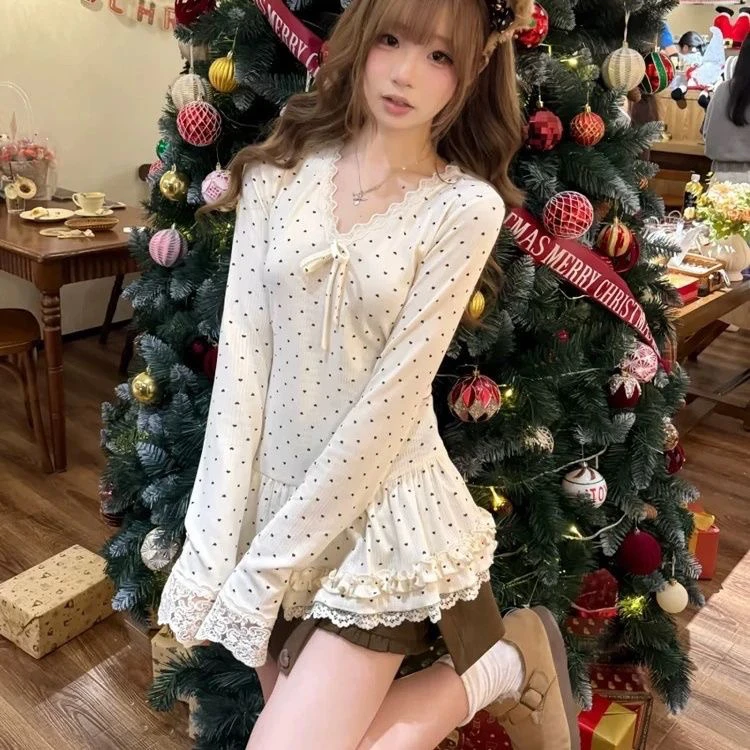 秋冬新款波点蝴蝶结蕾丝系带长袖t恤女打底衫设计感甜美内搭上衣