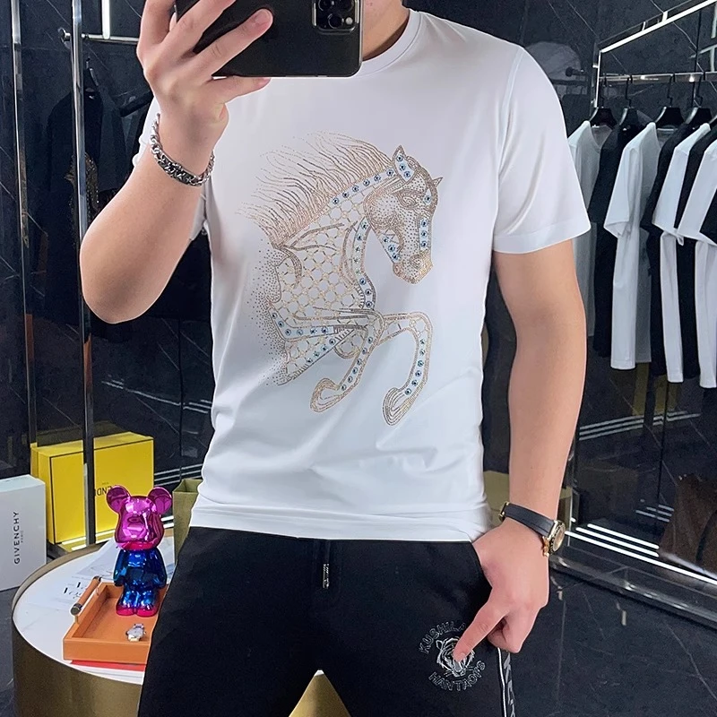 曼库帕娅短袖T恤男战马烫钻修身丝光棉轻奢男士半袖时尚百搭体恤T