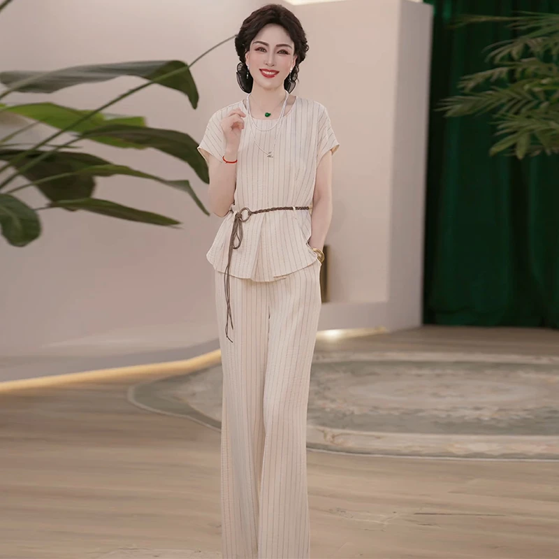 2025夏季新款妈妈装气质优雅套装时尚百搭减龄休闲显瘦遮肉两件套