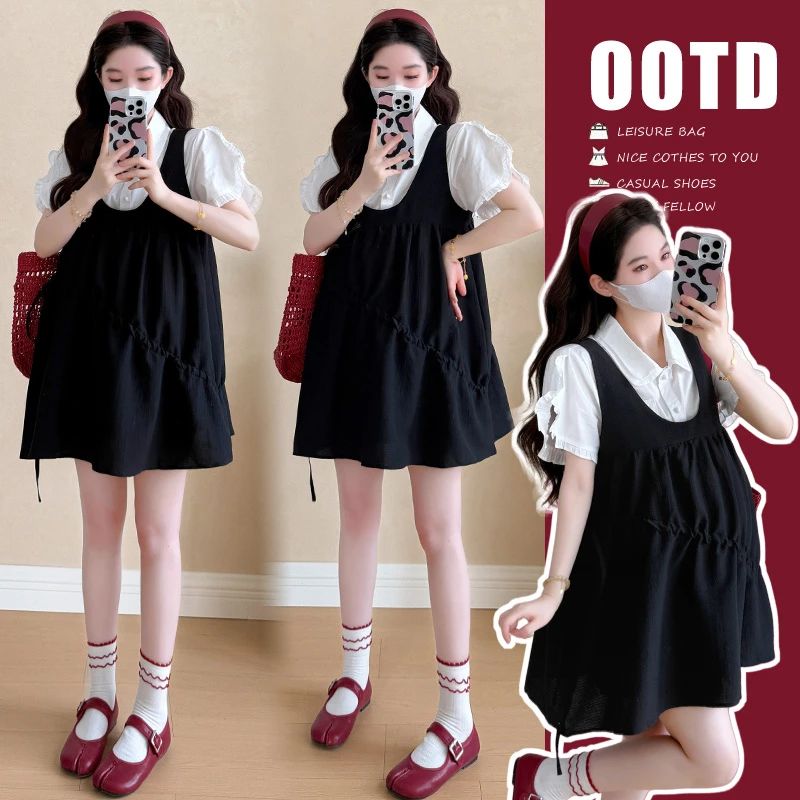 【kiki】2025新款夏季孕妇套装法式学院风抽绳背带裙+白衬衣两件套