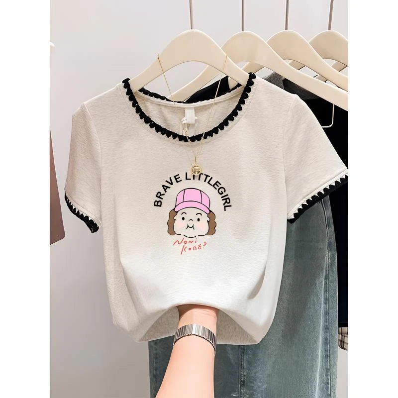 2025新款显瘦灰色短袖t恤女小众设计复古撞色学院风正肩圆领上衣