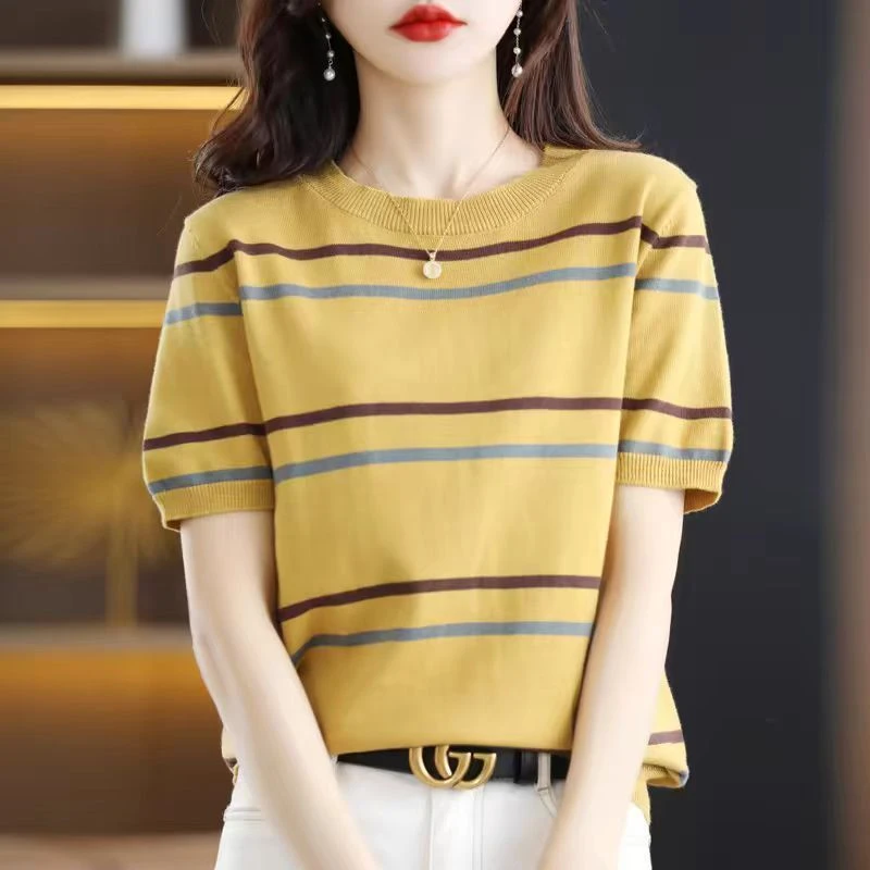 条纹100%纯棉线短袖t恤女针织打底衫女夏季拼色圆领半袖百搭上衣