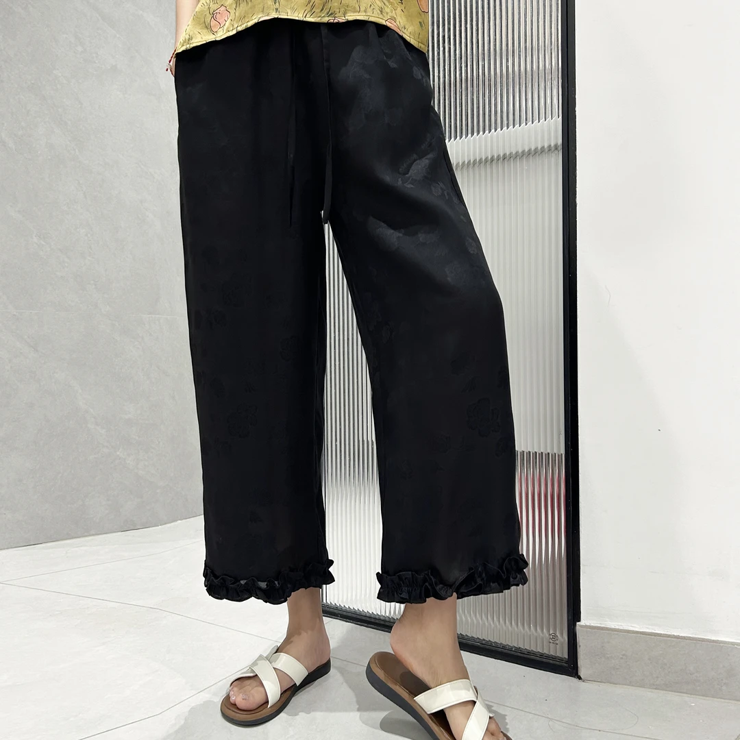 真丝香云纱提花黑色花边裤九分裤夏款女装裤子百搭休闲