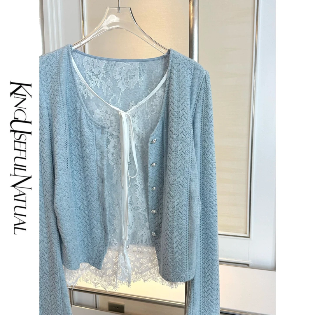 KUN【小兰花】慵懒含蓄 提花拼睫毛蕾丝假两件上衣半裙蓝色秋套装