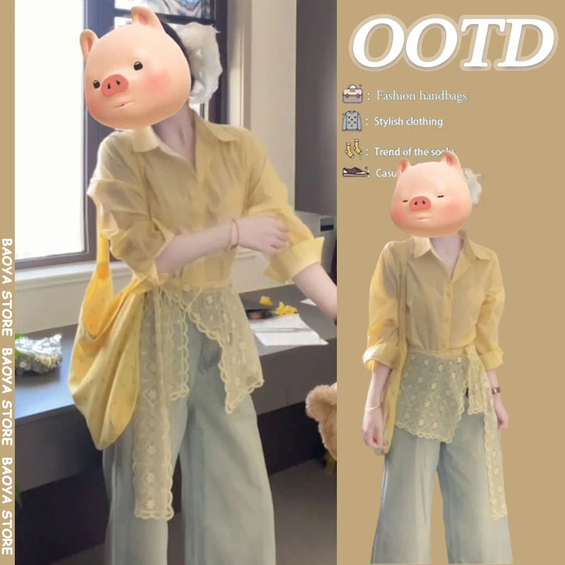 初夏搭配一整套2025新款时尚气质显瘦蕾丝披肩衬衫牛仔裤三件套装